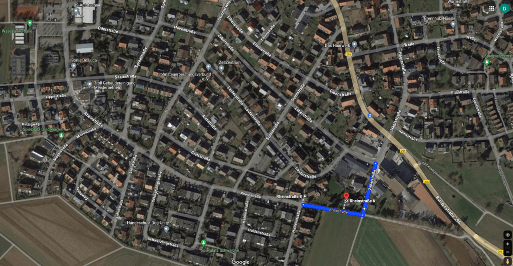 Schulradweg Rheinstraße - hier zu sehen das für Autos gesperrte Teilstück der Straße© Google Maps